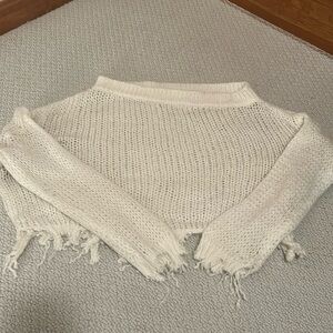 off the shoulder crop white sweater distressed edges